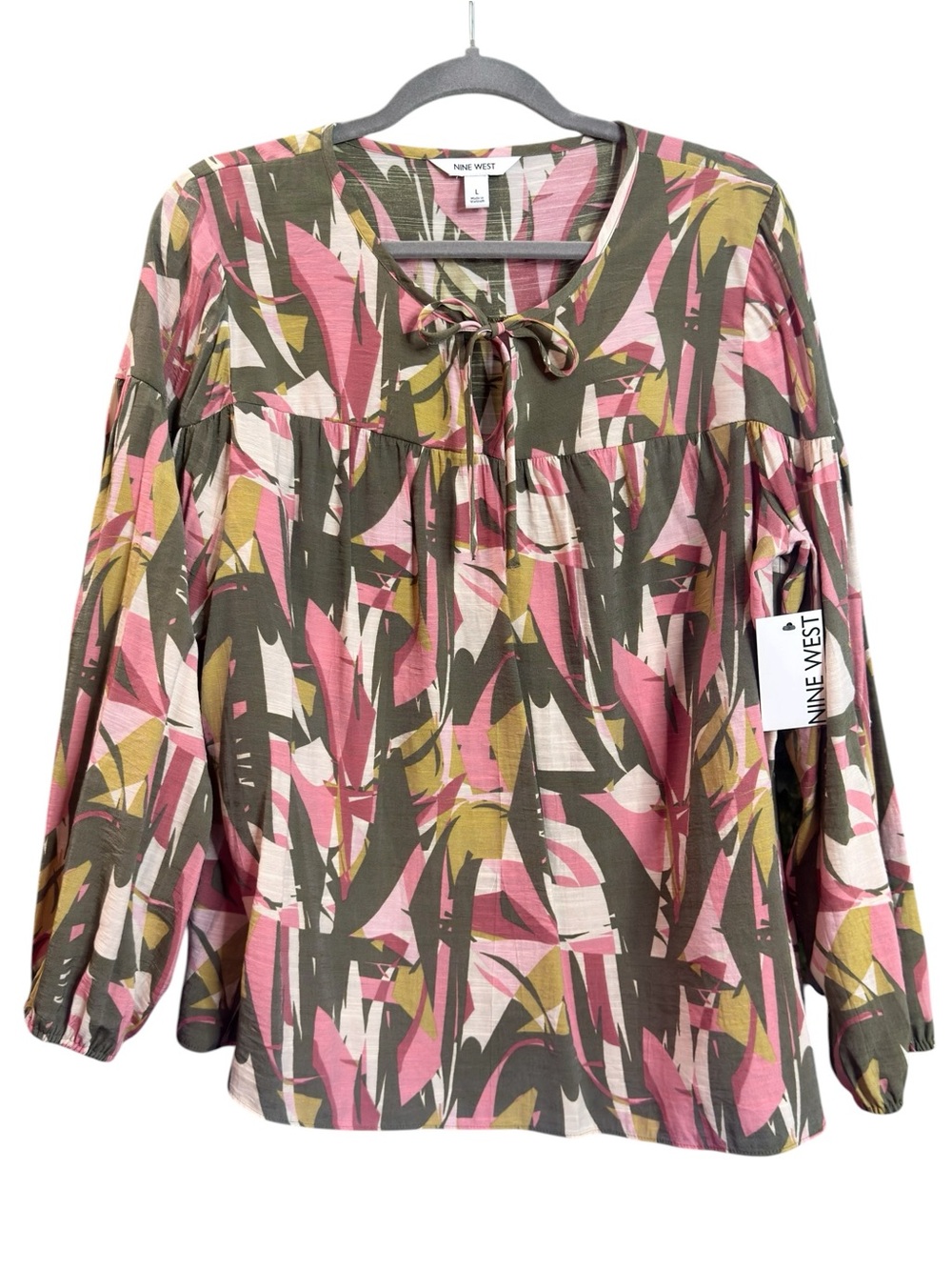 NINE WEST Abstract Floral Peasant Blouse Pink Olive Large NWT
